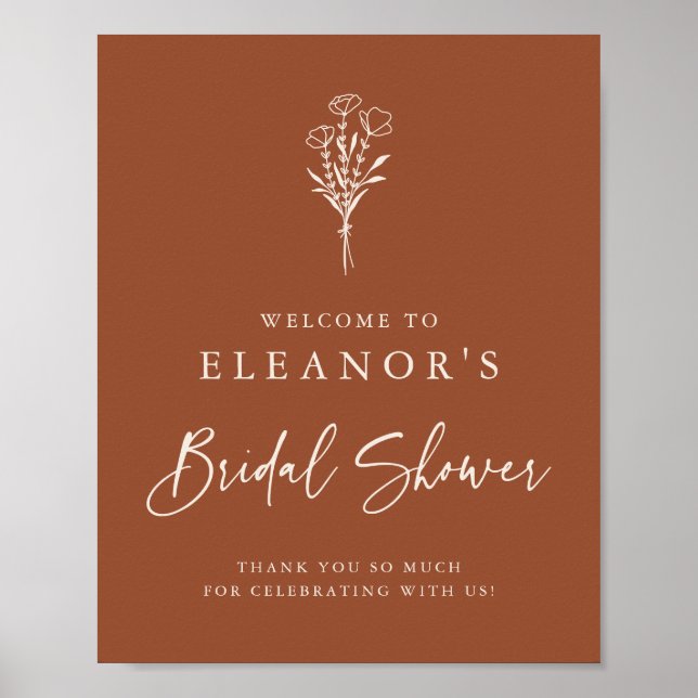 Terracotta Minimalist Floral Bouquet Bridal Shower Poster (Front)