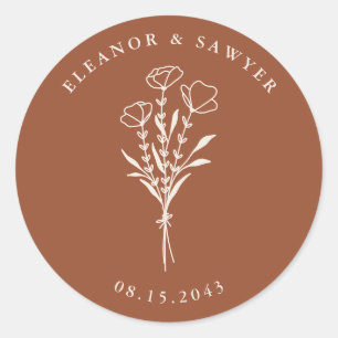 Terracotta Minimalist Floral Bouquet Wedding Classic Round Sticker