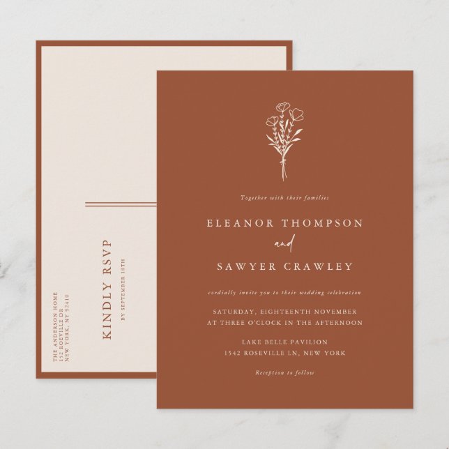Terracotta Minimalist Floral Bouquet Wedding Invitation Postcard (Front/Back)