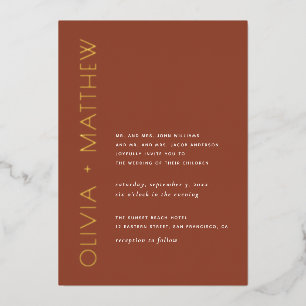 Terracotta minimalist gold typography fall wedding foil invitation