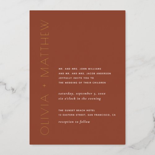 Terracotta minimalist gold typography wedding foil invitation