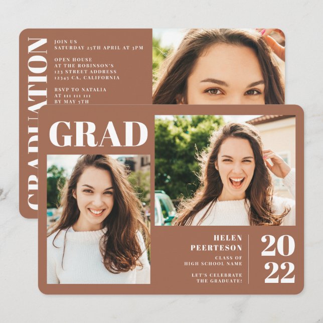 Terracotta minimalist modern 3 photos graduation invitation (Front/Back)