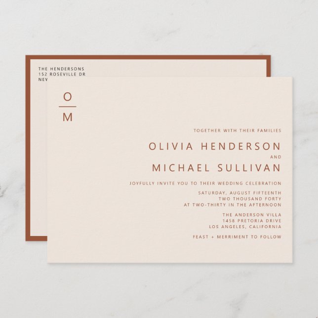Terracotta Minimalist Monogram QR Code Wedding Invitation Postcard (Front/Back)