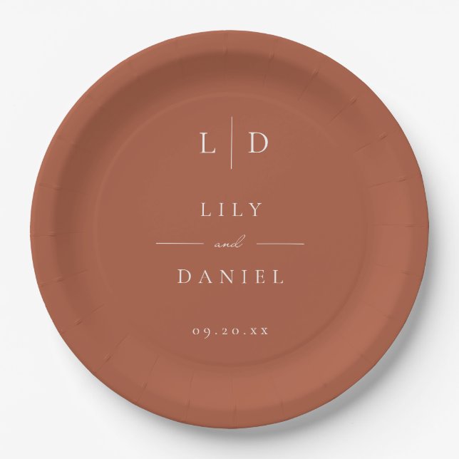 Terracotta Minimalist Monogram Wedding Paper Plates (Front)