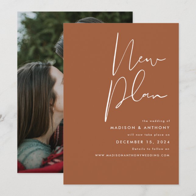 Terracotta Minimalist Photo New Plan Wedding Announcement (Front/Back)