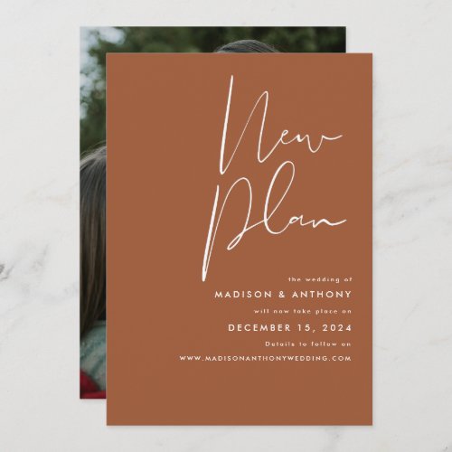 Terracotta Minimalist Photo New Plan Wedding Announcement