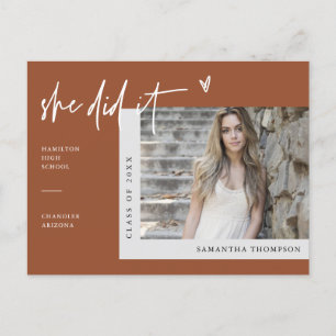 Terracotta Minimalist Photo She Did It Graduation Postcard