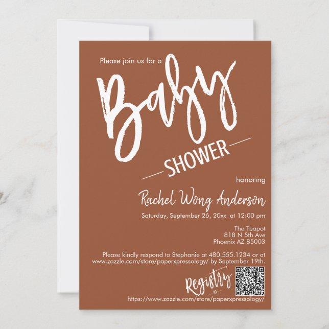 Terracotta Minimalist Script Baby Shower QR Code Invitation (Front)