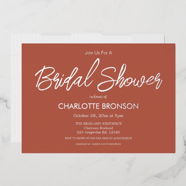 Terracotta  Minimalist Script Bridal Shower Silver Foil Invitation (Envelope)