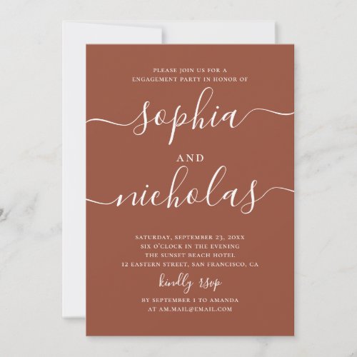Terracotta minimalist script fall engagement party invitation