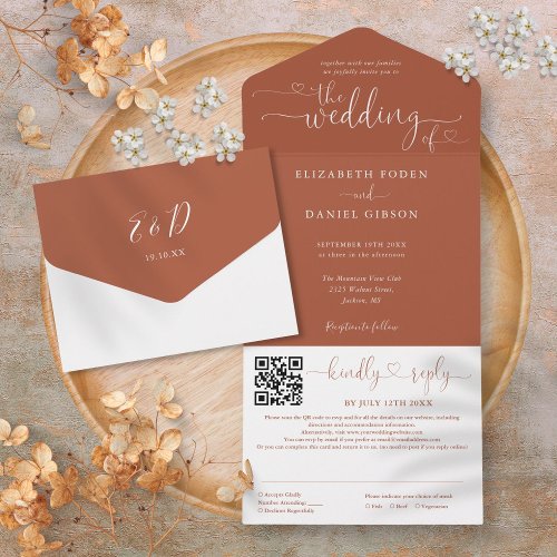 Terracotta Minimalist Script QR Code Wedding All In One Invitation