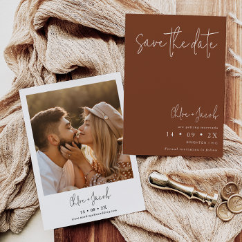 Terracotta Minimalist Script Save The Date Card by figtreedesign at Zazzle