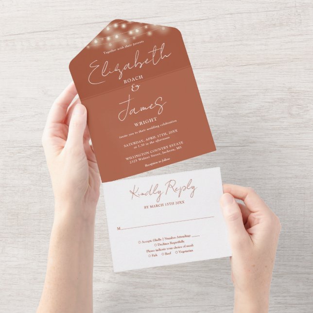 Terracotta Minimalist Script String Lights Wedding All In One Invitation (Tearaway)