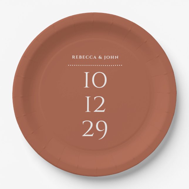 Terracotta Minimalist Special Date Wedding Paper Plates (Front)