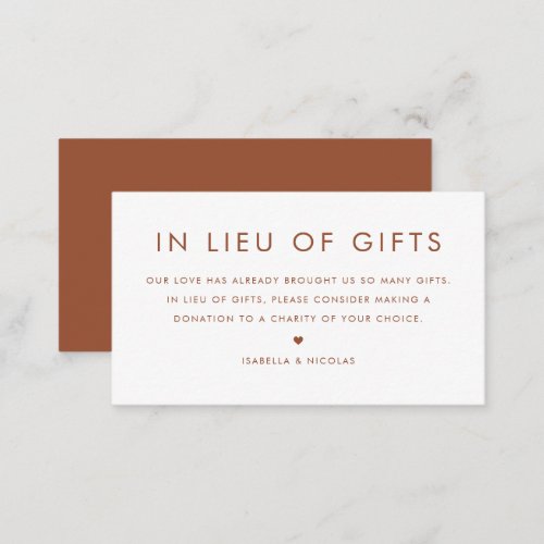 Terracotta Minimalist Typography In Lieu Of Gifts Enclosure Card