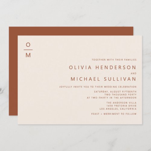 Terracotta Minimalist Typography Monogram Wedding Invitation