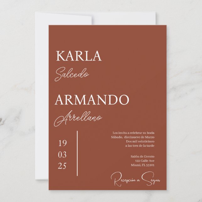 Terracotta minimalist wedding invitation spanish (Front)