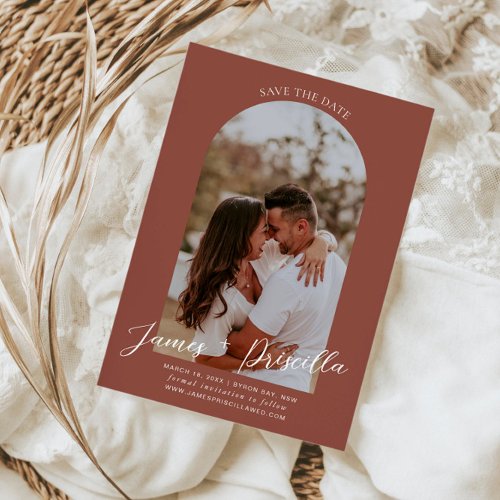 Terracotta modern arch photo wedding invitation