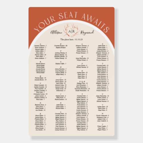 Terracotta modern arch wedding seating chart foam board