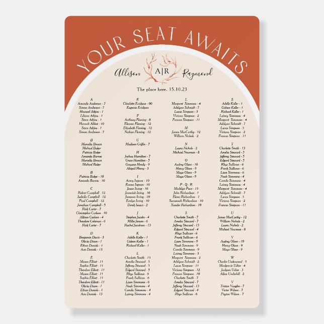 Terracotta modern arch wedding seating chart foam board (Front)