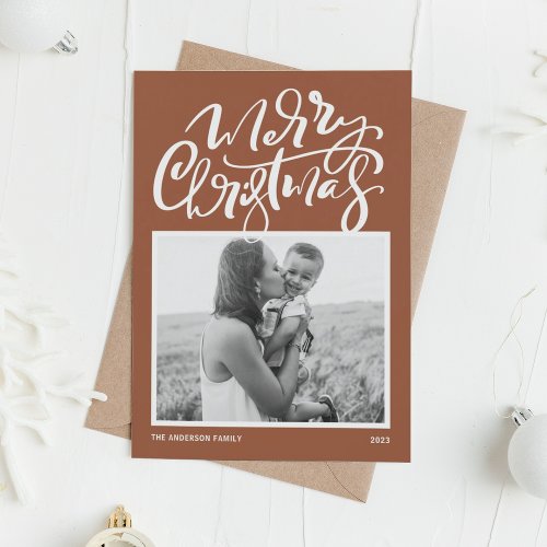 Terracotta Modern Calligraphy Photo Christmas Holiday Card