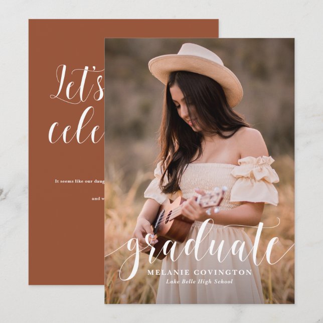Terracotta Modern Calligraphy Photo Graduation Invitation (Front/Back)