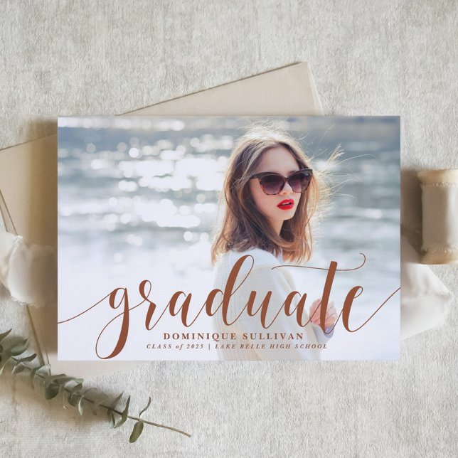 Terracotta Modern Calligraphy Photo Graduation Invitation (Personalized Photo Graduation Invitation with Terracotta Modern Calligraphy – Customizable Photo)