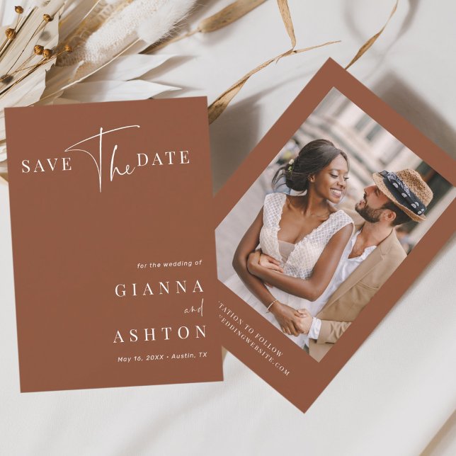 Terracotta Modern Calligraphy Wedding Photo Save The Date (Creator Uploaded)