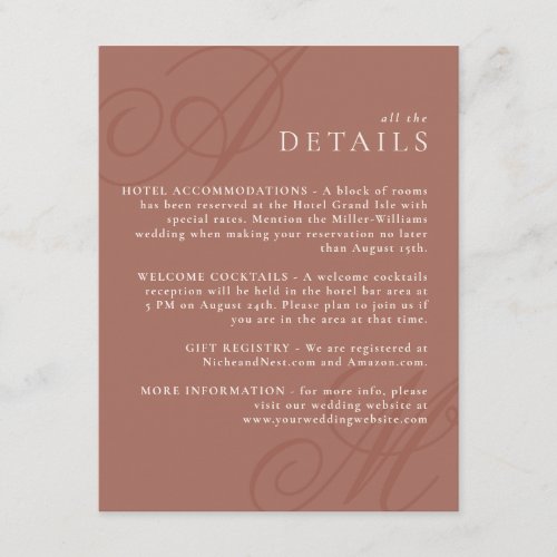 Terracotta Modern Edge Elegant Monogram Details Enclosure Card