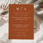 Terracotta Modern Elegance Monogram Wedding Invitation<br><div class="desc">Minimalist,  modern wedding invitation featuring your monogram initials and wedding details displayed in white lettering with calligraphy script accents. The terracotta background can be changed to a color of your choice. Designed to coordinate with our Modern Elegance wedding collection.</div>