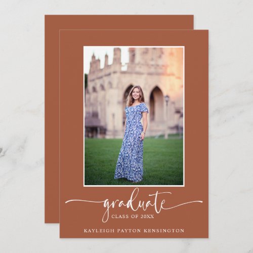 Terracotta Modern Elegant Script Graduation Photo Announcement