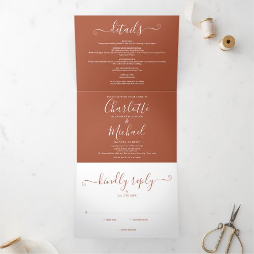 Terracotta Modern Elegant Script Monogram Wedding Tri_Fold Invitation