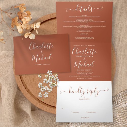 Terracotta Modern Elegant Script Photo Wedding Tri_Fold Invitation