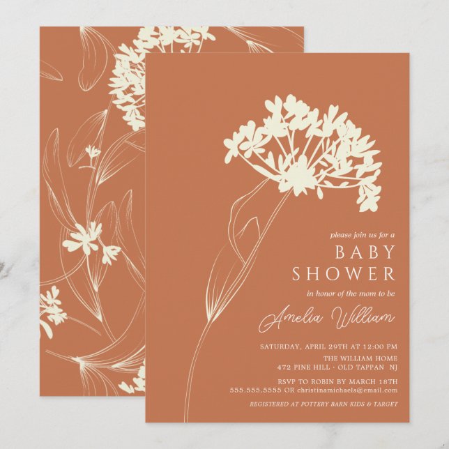 Terracotta Modern Floral Baby Shower Invitation (Front/Back)