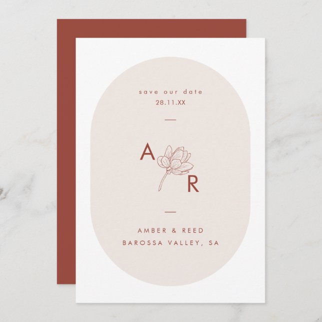 Terracotta Modern Floral Monogram Double Arch Save The Date (Front/Back)