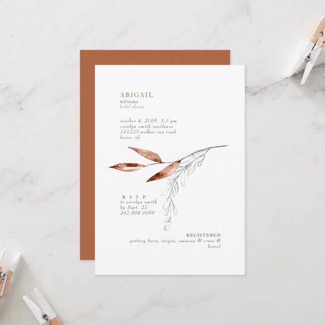 Terracotta Modern Foliage Bridal Shower Invitation (Front/Back In Situ)