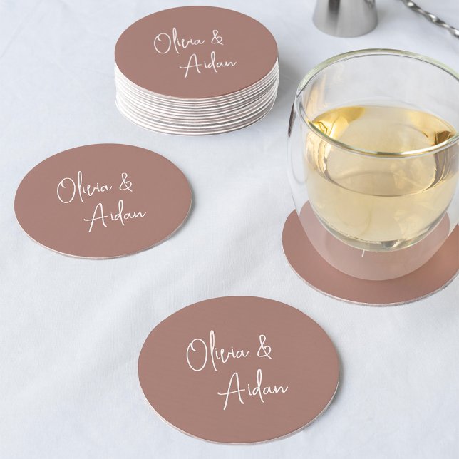 Terracotta | Modern Handwritten Script Wedding Round Paper Coaster (Creator Uploaded)