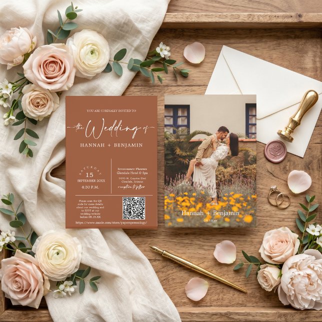 Terracotta Modern Minimal Boho Arch QR Code Photo Invitation (Creator Uploaded)