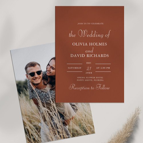 Terracotta Modern Minimalist  Custom Photo Wedding Invitation