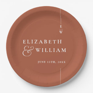 Terracotta Modern Minimalist Monogram Wedding Paper Plates