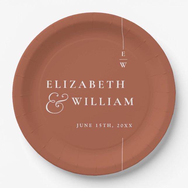 Terracotta Modern Minimalist Monogram Wedding Paper Plates (Front)