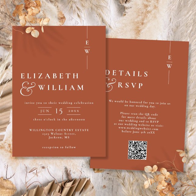 Terracotta Modern Monogram Wedding QR Code Invitation (Terracotta Modern Monogram Wedding QR Code Invitation)