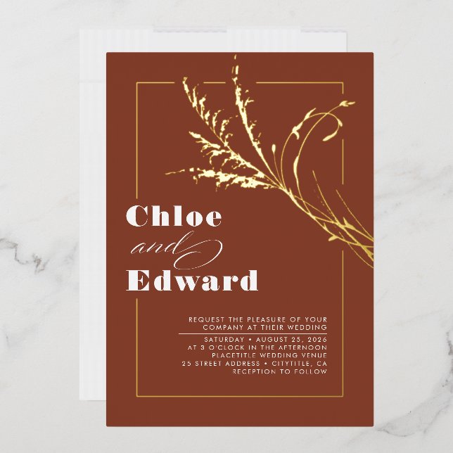 Terracotta Modern Pampas Grass Boho Wedding Foil Invitation (Envelope)