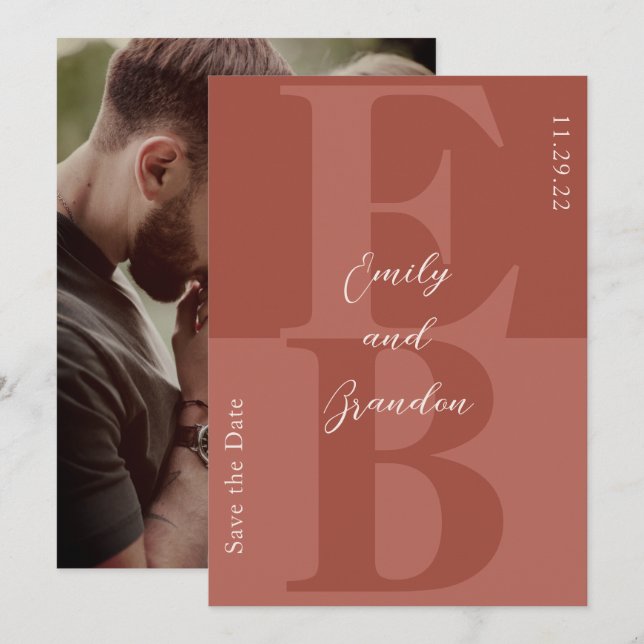 Terracotta Modern Photo Initial Save the Date Invitation (Front/Back)