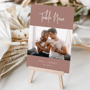 Terracotta Modern Script + Classic Serif Photo Table Number