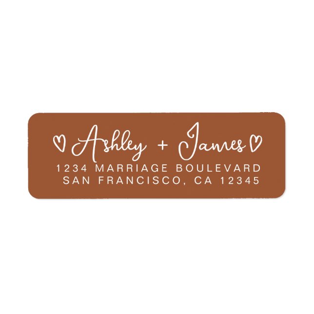 Terracotta Modern Script Hearts Return Address Label (Front)
