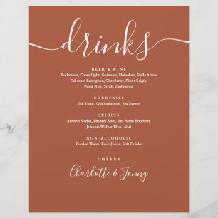 Terracotta Modern Script Wedding Drinks Menu Flyer
