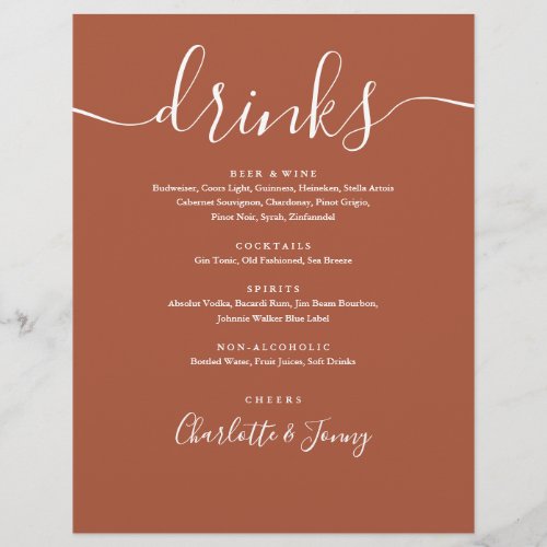 Terracotta Modern Script Wedding Drinks Menu Flyer