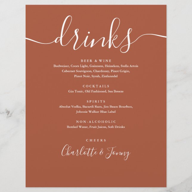 Terracotta Modern Script Wedding Drinks Menu Flyer (Front)