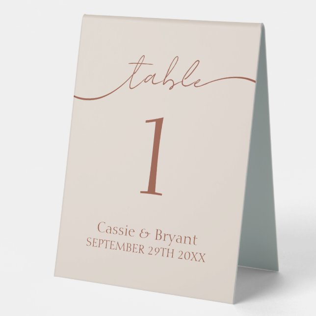 Terracotta Modern Script Wedding Table Number Tent (Front)